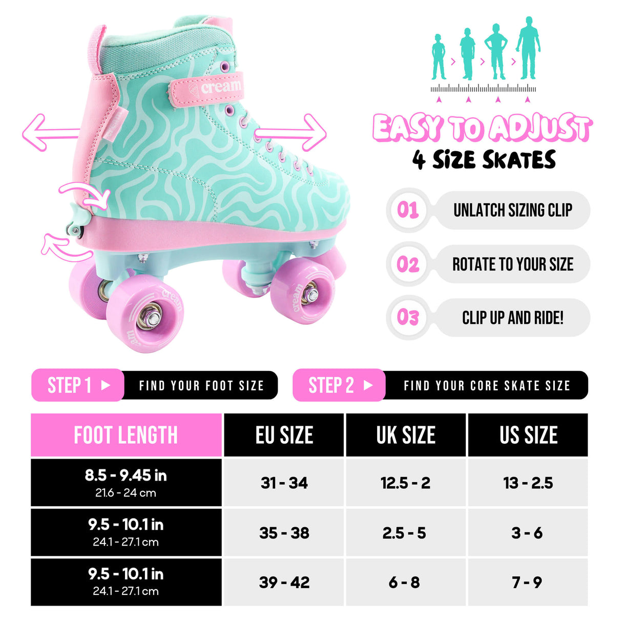 Cream Scoop Quad Roller Skates - Wave (Teal/Pink)