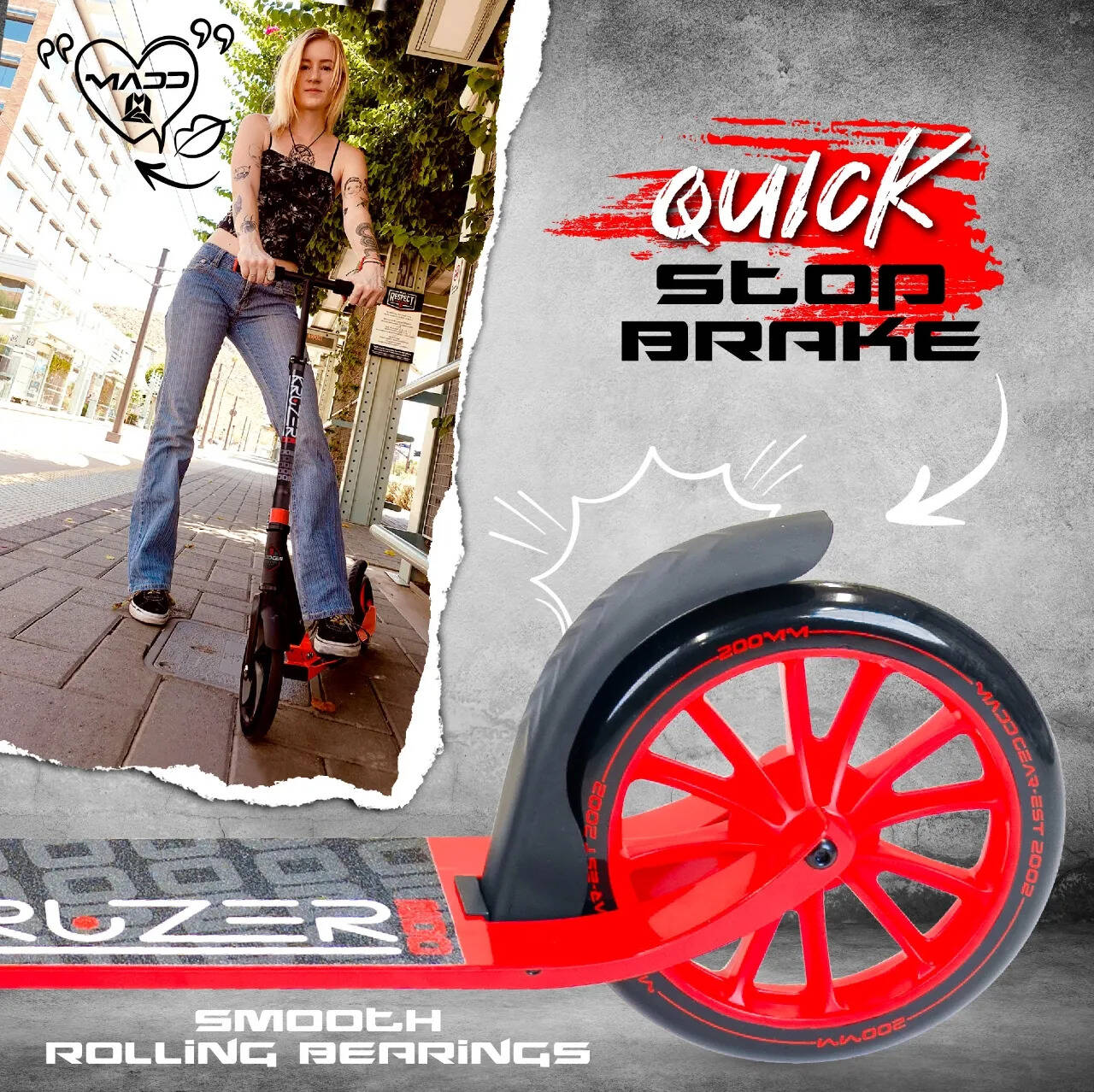 Madd Gear Carve Kruzer 200 V2 Commuter Scooter - Black/Red