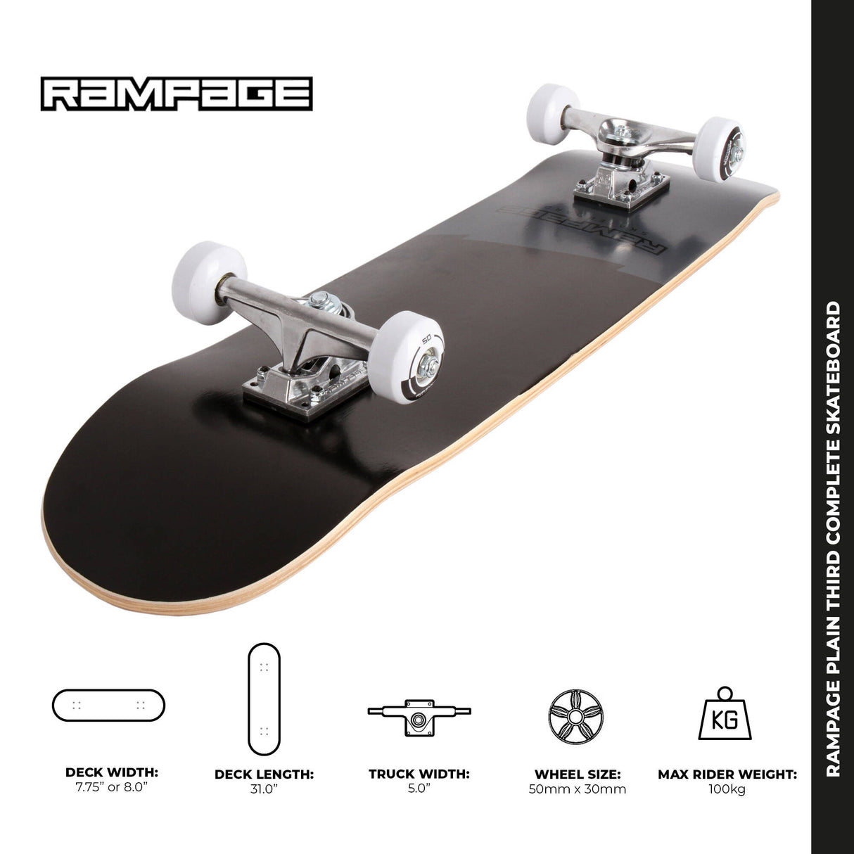 Rampage Plain Third Complete Skateboard - Black 8"