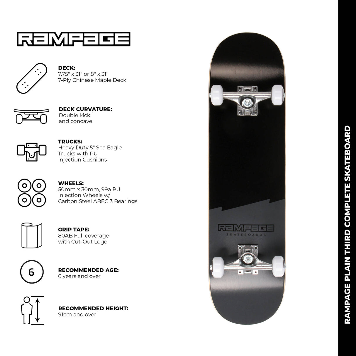Rampage Plain Third Complete Skateboard - Black 8"