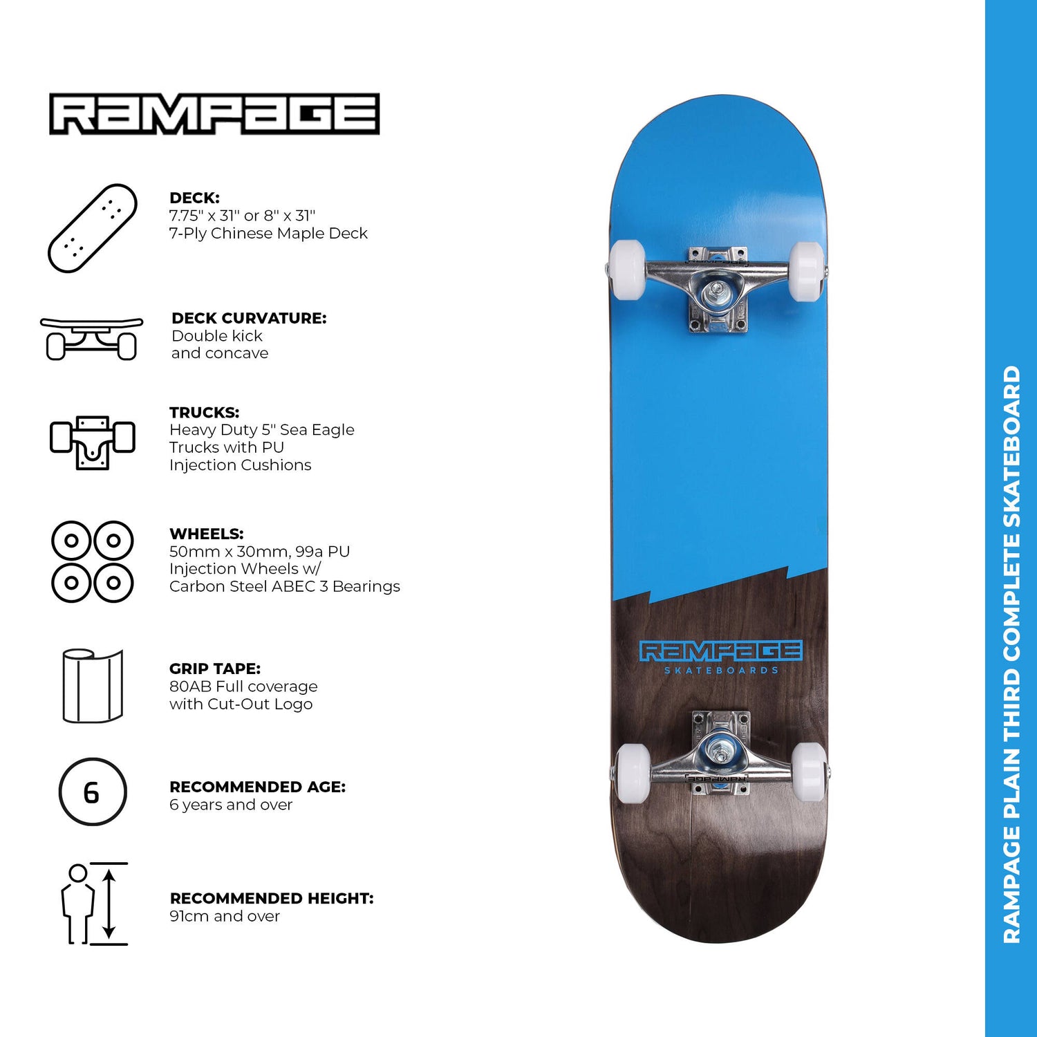 Rampage Plain Third Complete Skateboard - Blue/Black 7.75''